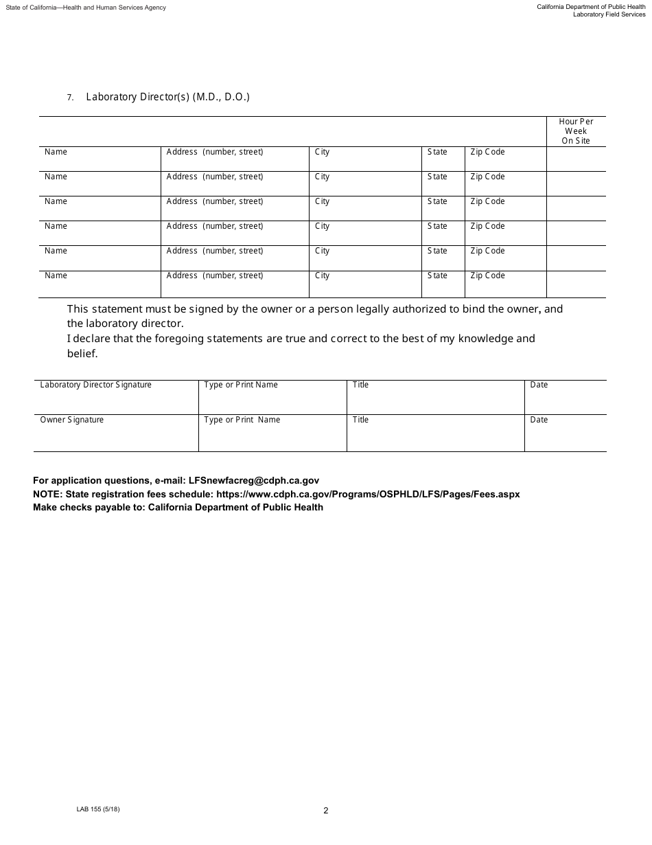 Form LAB155 Application for Initial Clinical Laboratory Registration - California, Page 2