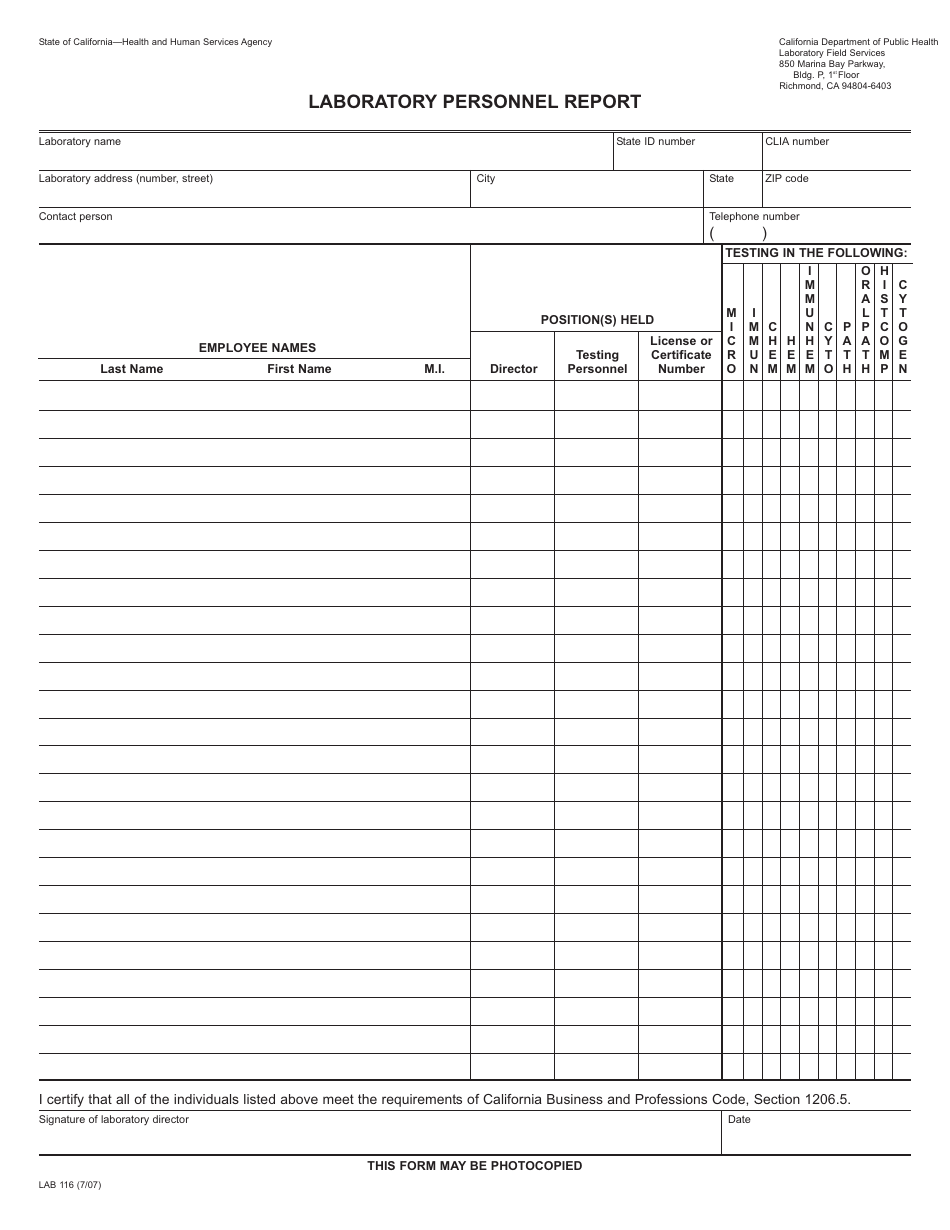 Form LAB116 Laboratory Personnel Report - California, Page 1