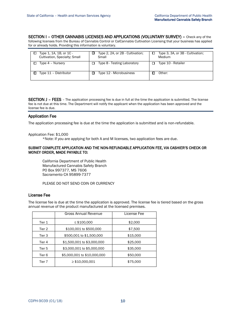 Form CDPH-9039 Annual License Application - Cannabis Manufacturing - California, Page 10