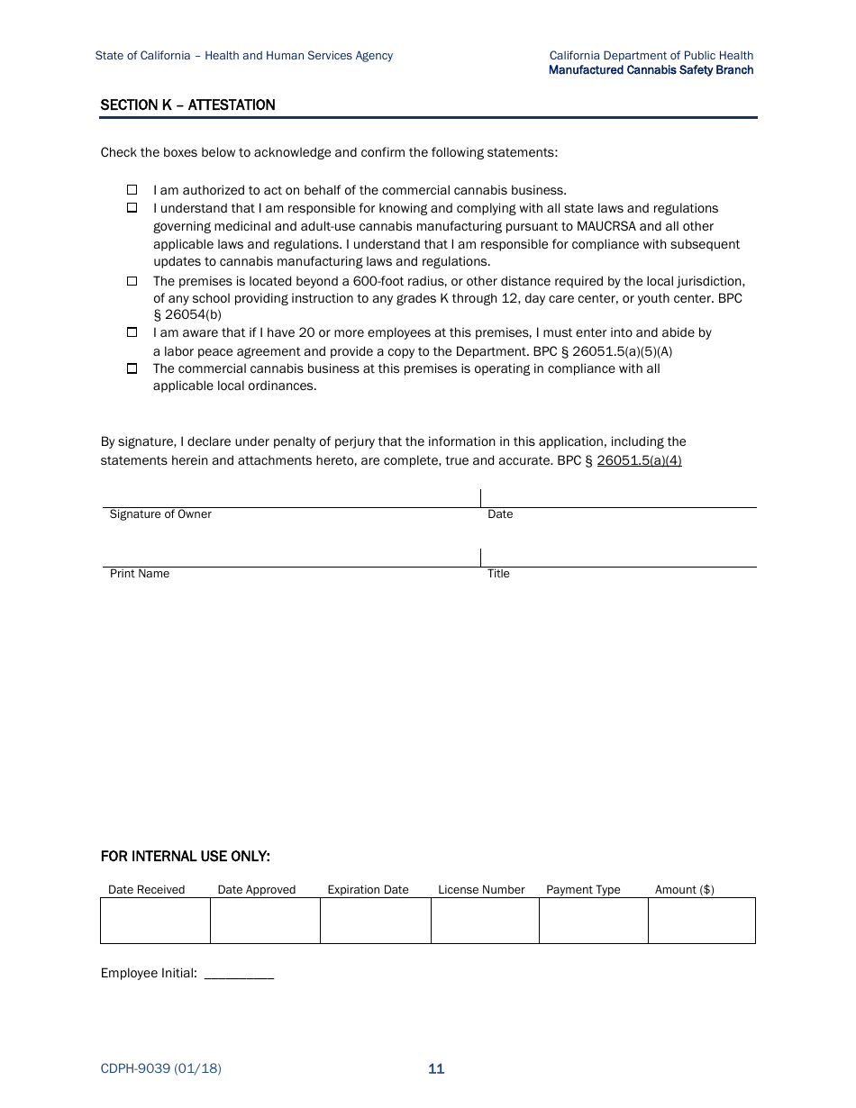 Form CDPH-9039 Annual License Application - Cannabis Manufacturing - California, Page 11