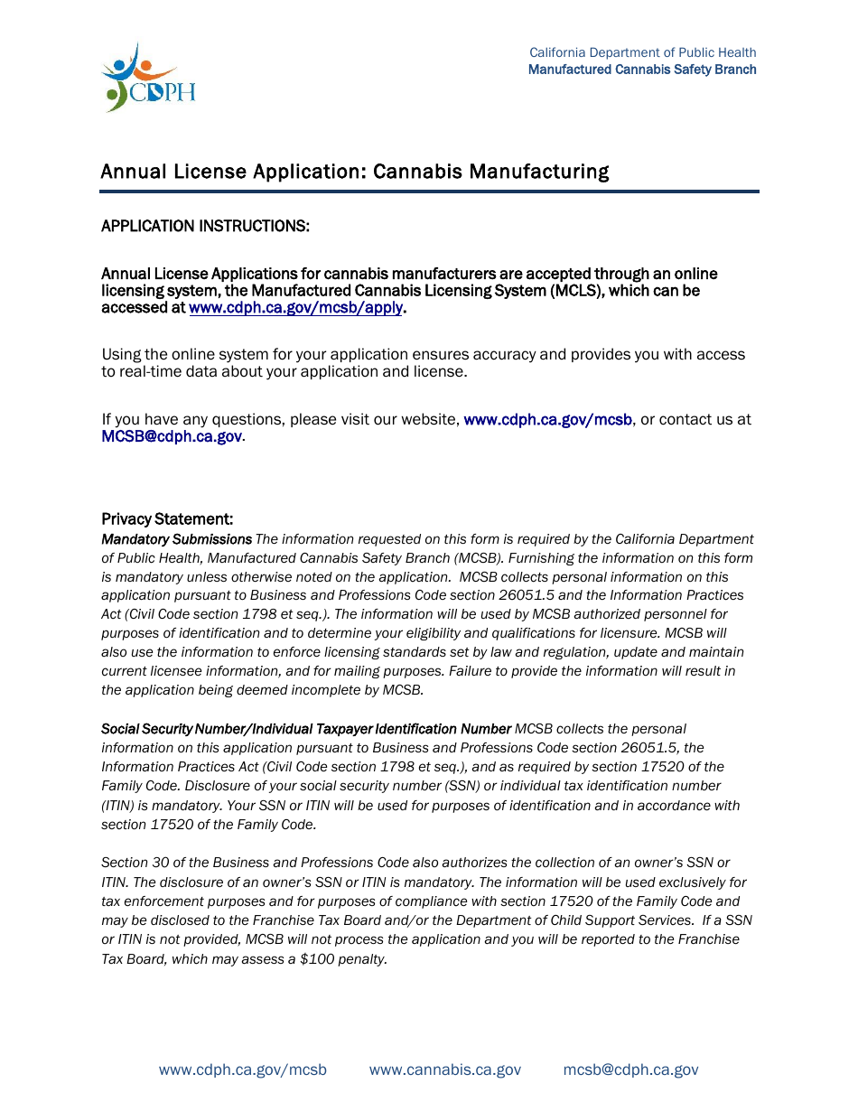 Form CDPH-9039 Annual License Application - Cannabis Manufacturing - California, Page 1