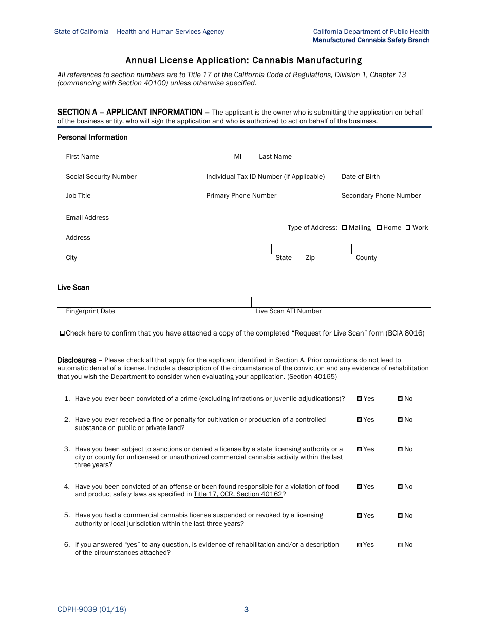 Form CDPH-9039 Annual License Application - Cannabis Manufacturing - California, Page 3