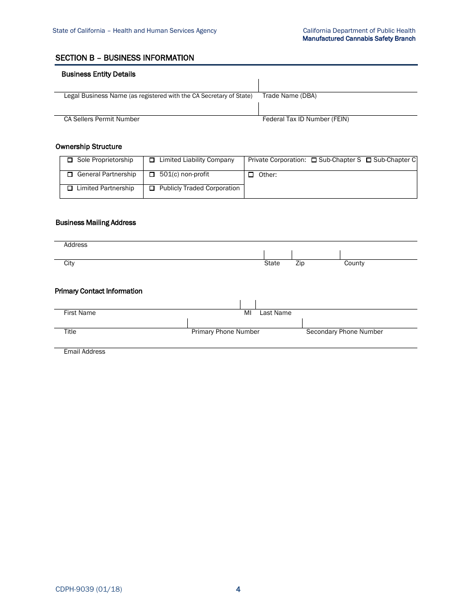 Form CDPH-9039 Annual License Application - Cannabis Manufacturing - California, Page 4
