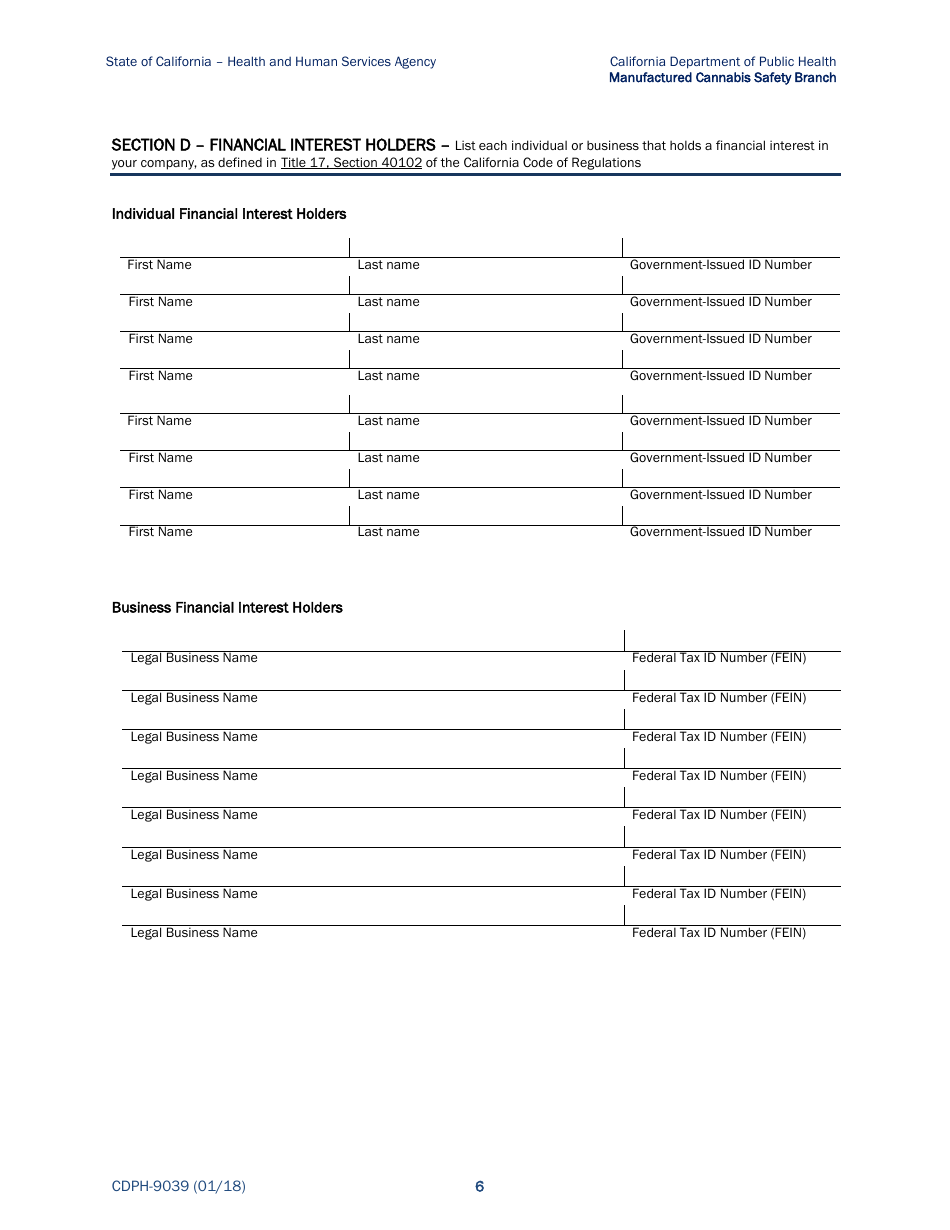 Form CDPH-9039 Annual License Application - Cannabis Manufacturing - California, Page 6