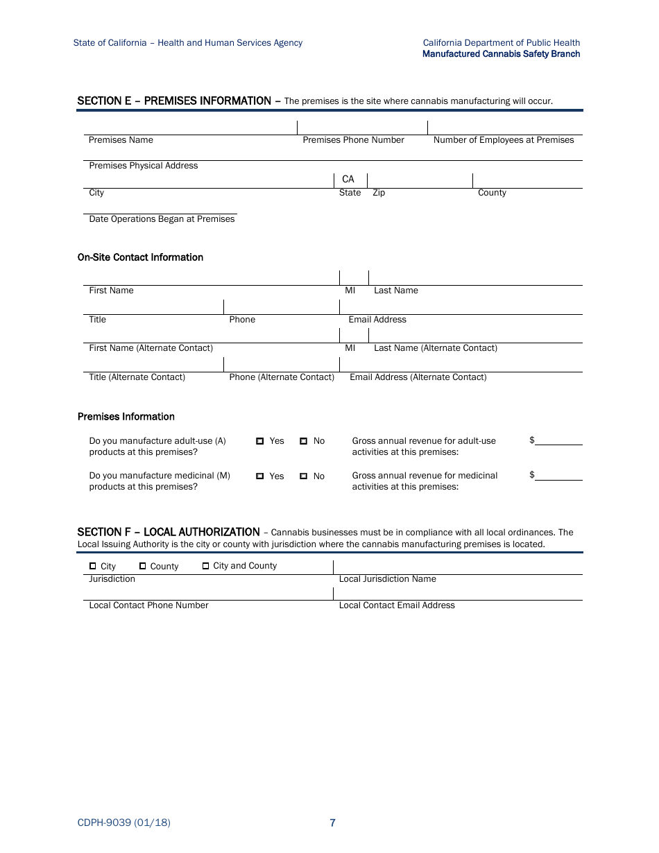 Form CDPH-9039 Annual License Application - Cannabis Manufacturing - California, Page 7