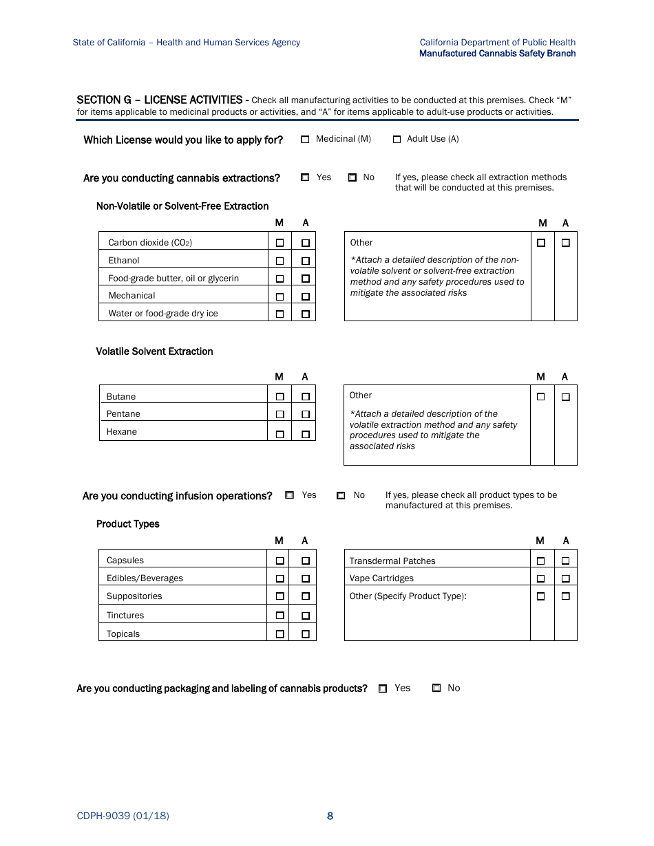 Form CDPH-9039 Annual License Application - Cannabis Manufacturing - California, Page 8