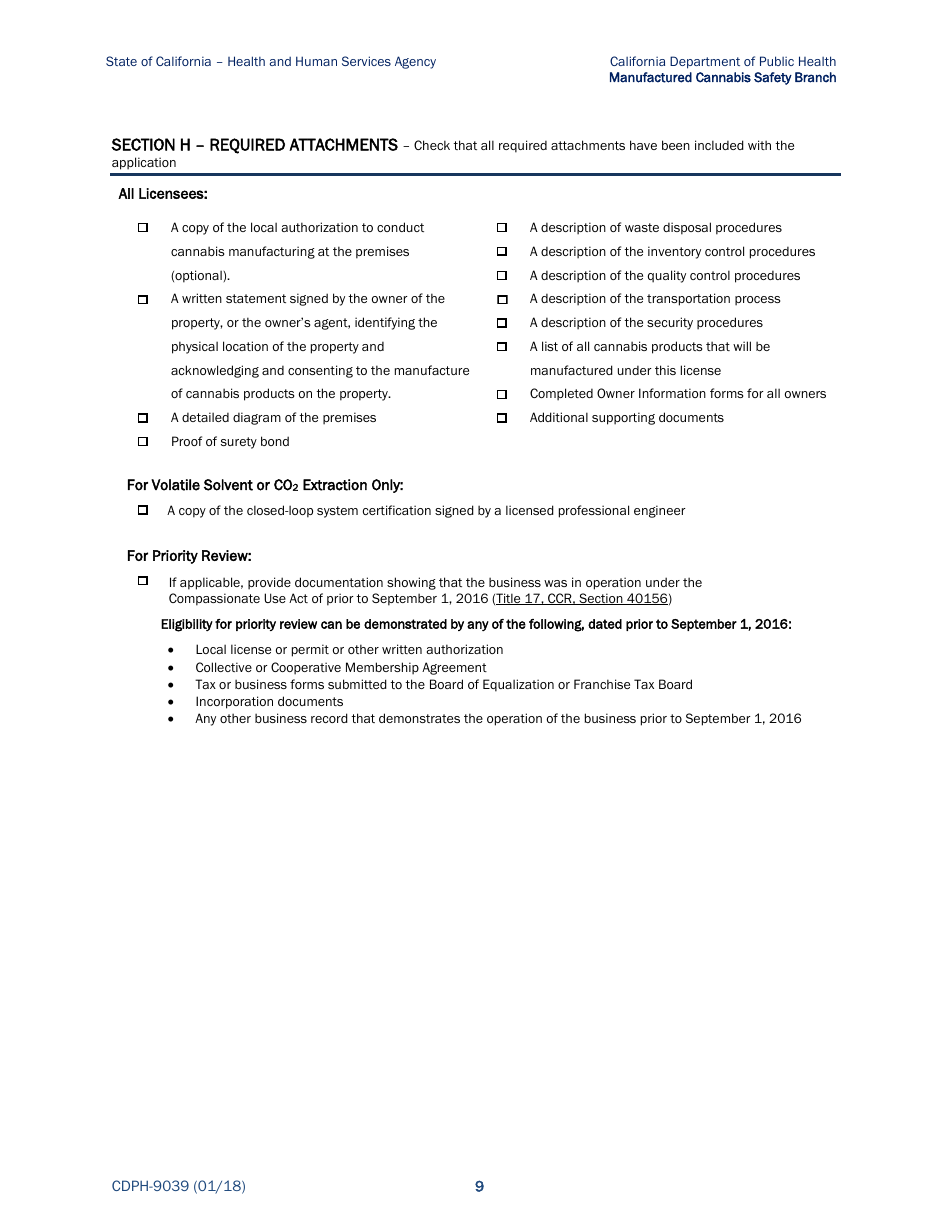 Form CDPH-9039 Annual License Application - Cannabis Manufacturing - California, Page 9