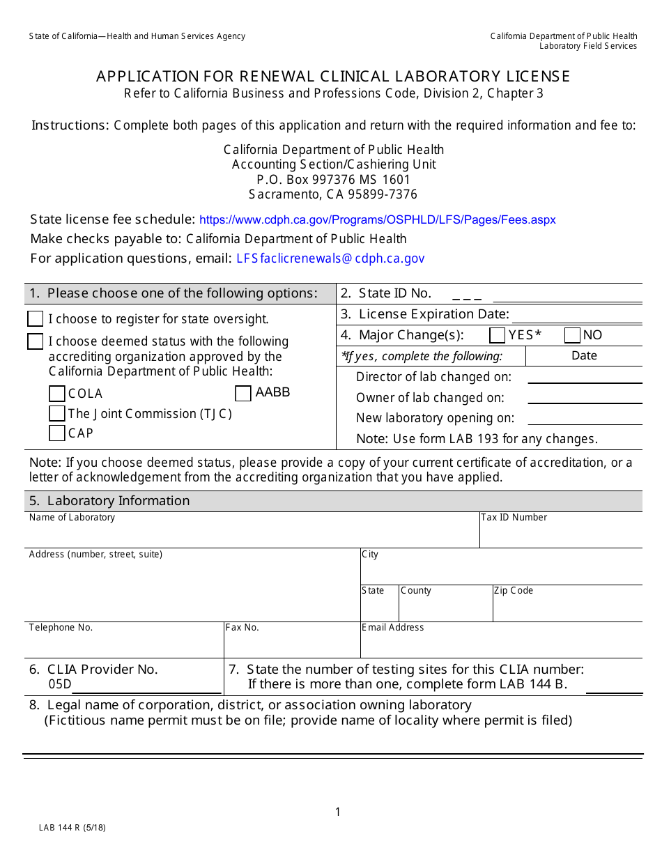 Form LAB144 R Application for Renewal Clinical Laboratory License - California, Page 1