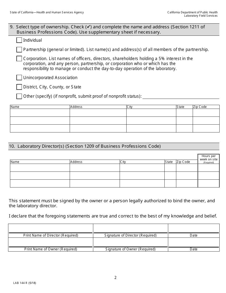 Form LAB144 R Application for Renewal Clinical Laboratory License - California, Page 2