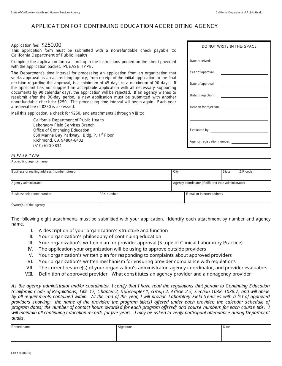Form LAB178 Application for Continuing Education Accrediting Agency - California, Page 1