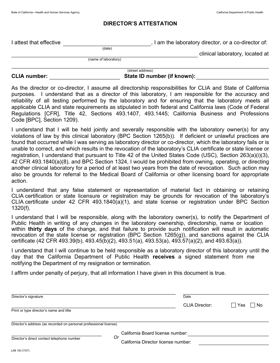 Form LAB183 Directors Attestation - California, Page 1