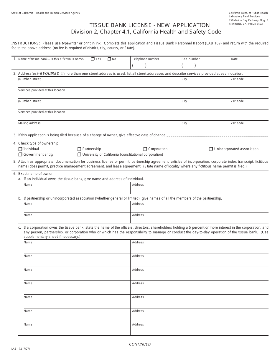 Form LAB172 Tissue Bank License - New Application - California, Page 1
