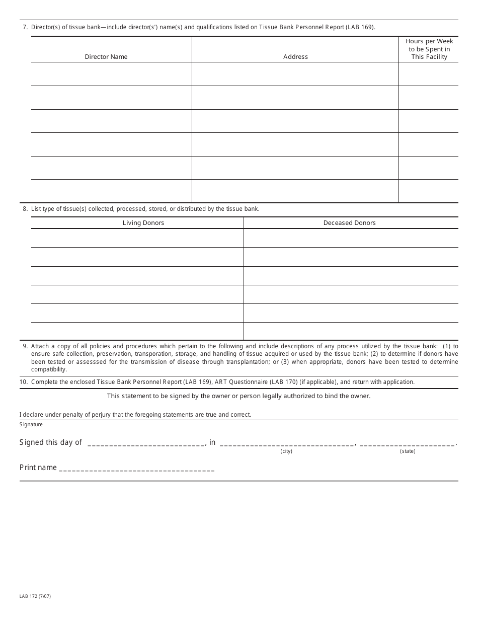 Form LAB172 Tissue Bank License - New Application - California, Page 2