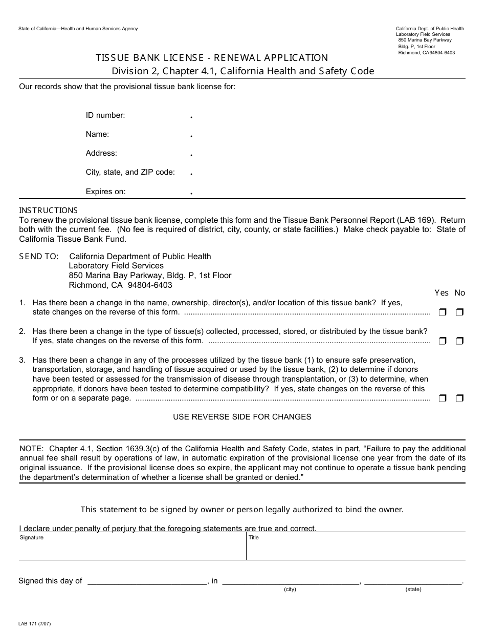 Form LAB171 Tissue Bank License - Renewal Application - California, Page 1