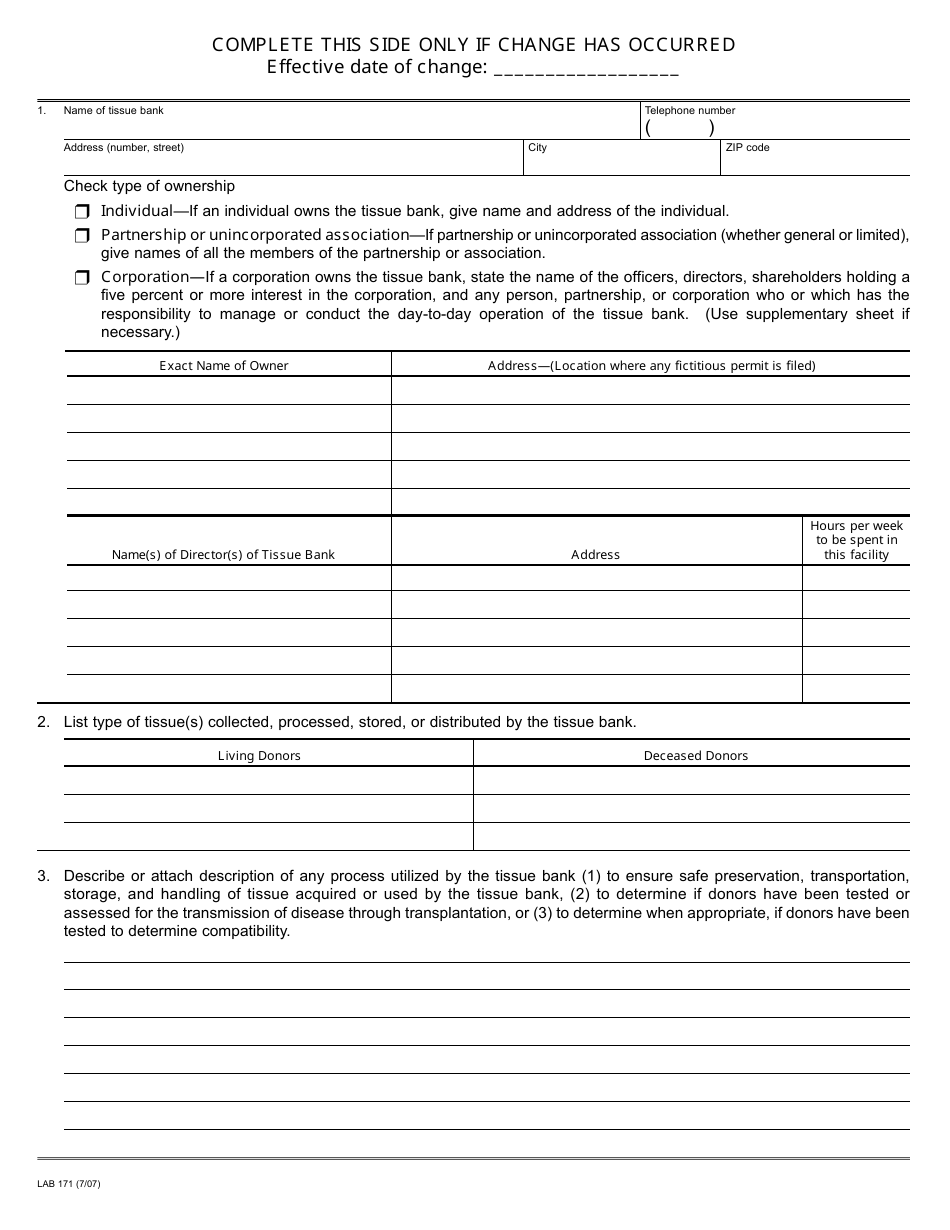 Form LAB171 Tissue Bank License - Renewal Application - California, Page 2