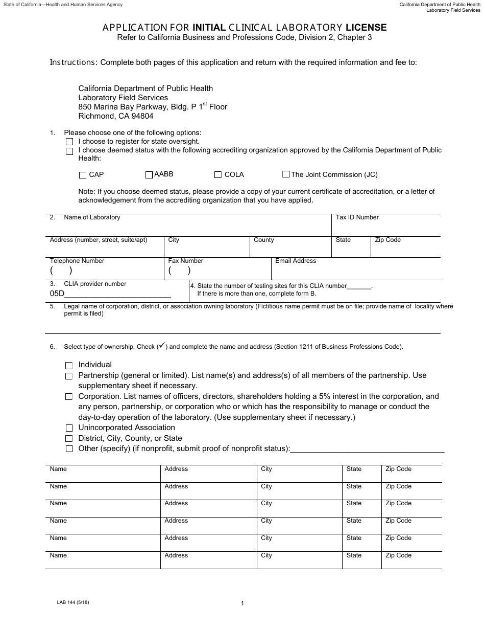 Form LAB144 Application for Initial Clinical Laboratory License - California, Page 1