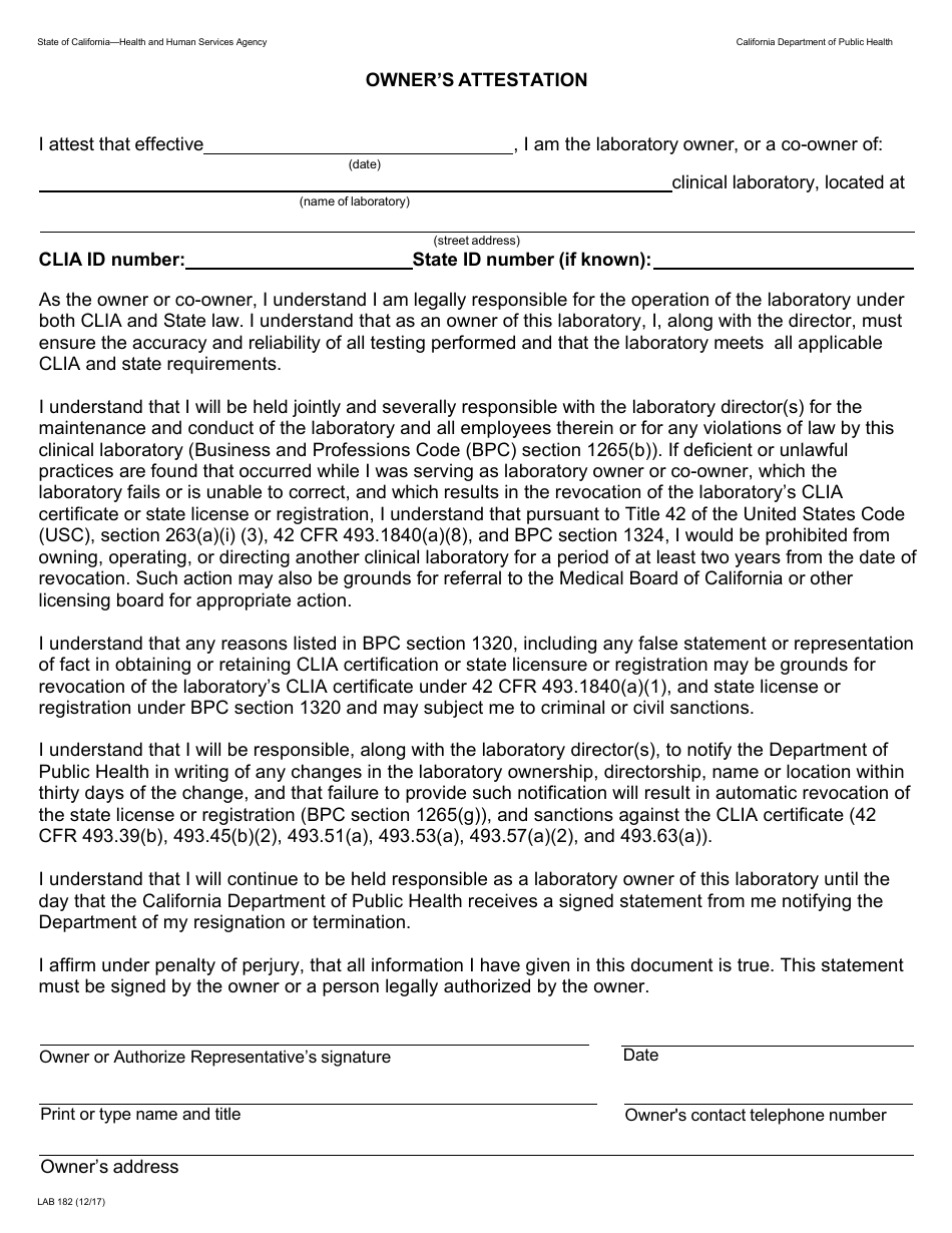 Form LAB182 Owners Attestation - California, Page 1