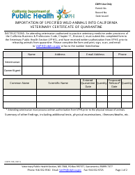 Document preview: Form CDPH103 Veterinary Certificate of Quarantine - California