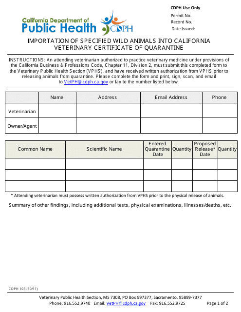 Form CDPH103 Veterinary Certificate of Quarantine - California