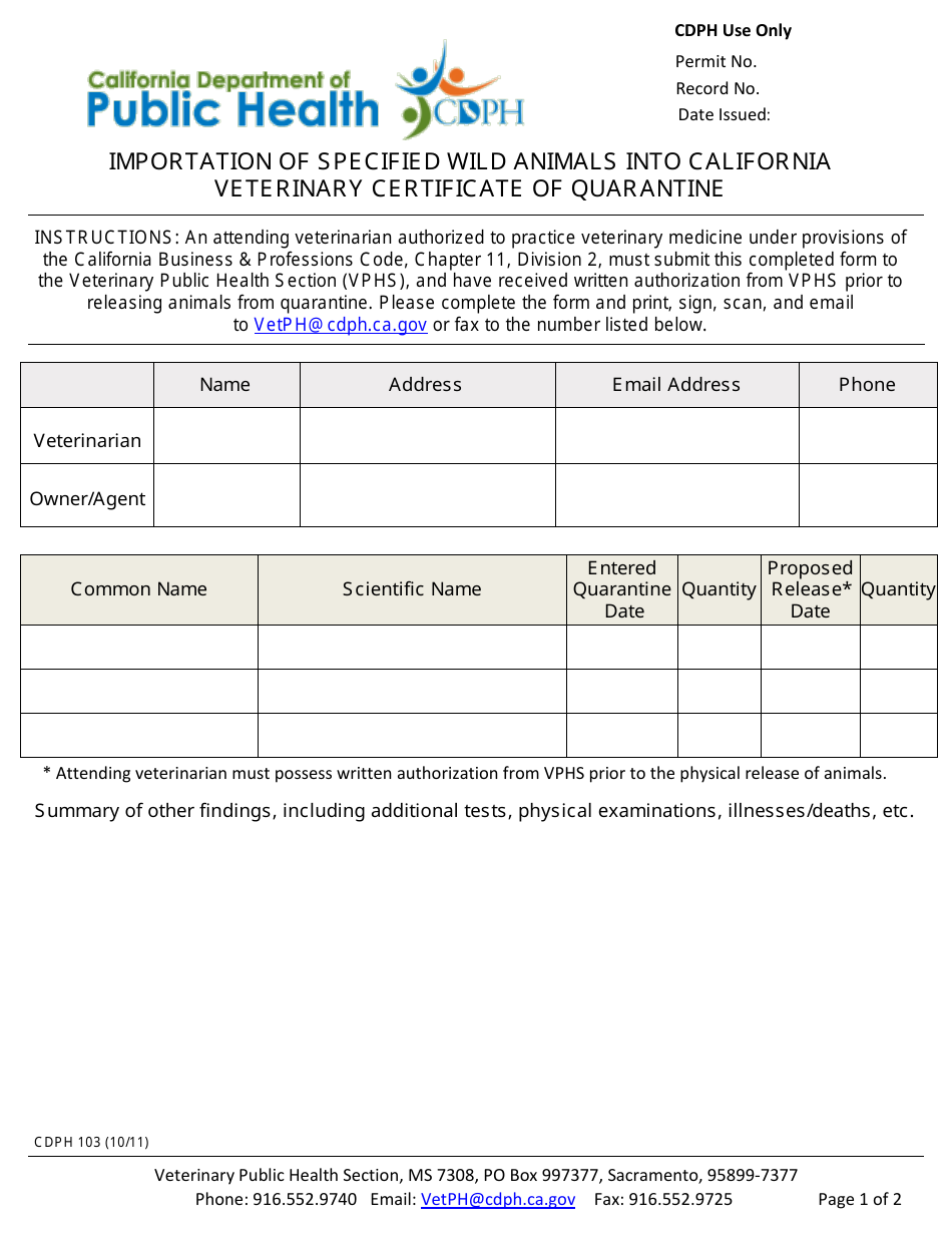 Form CDPH103 Veterinary Certificate of Quarantine - California, Page 1