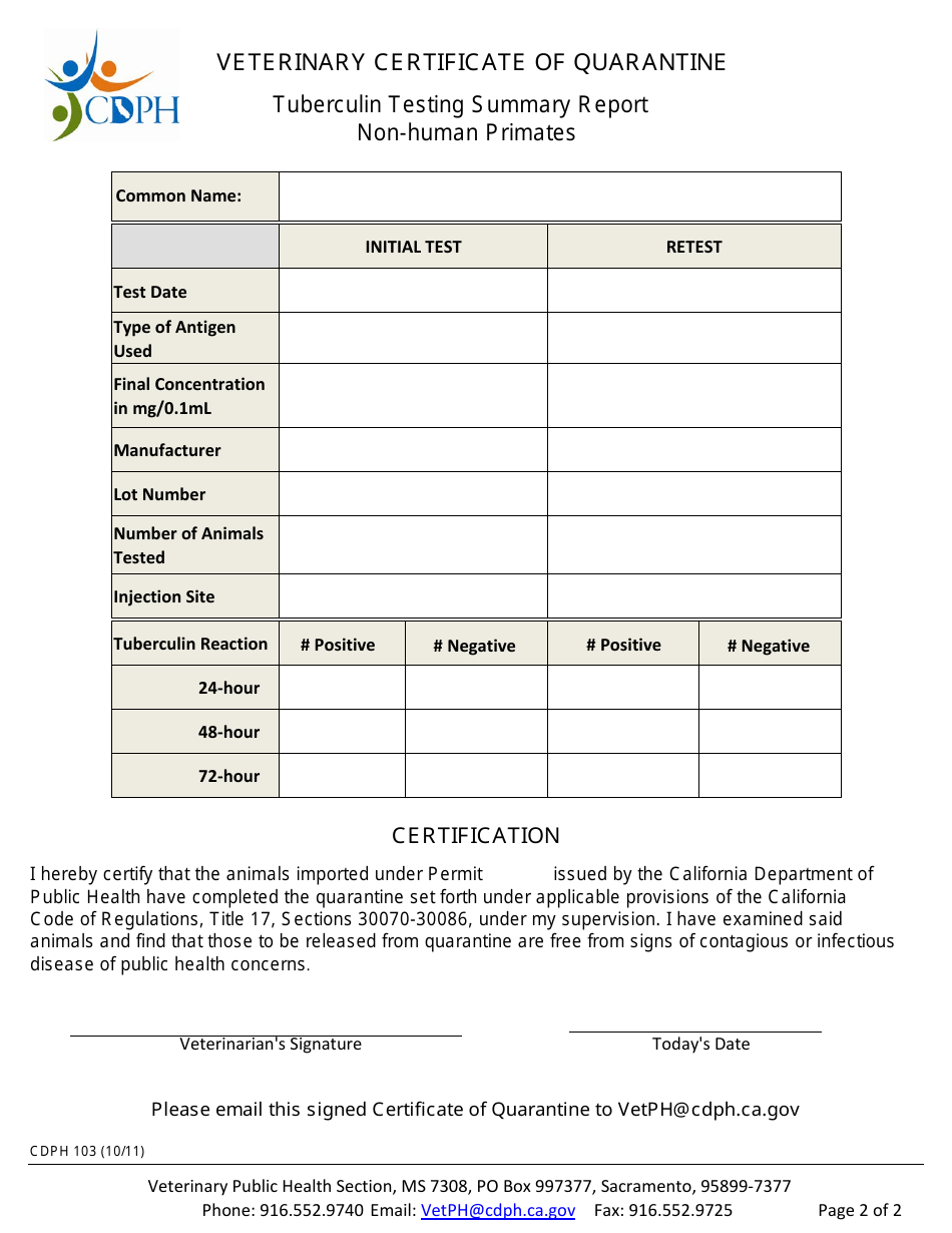 Form CDPH103 Veterinary Certificate of Quarantine - California, Page 2