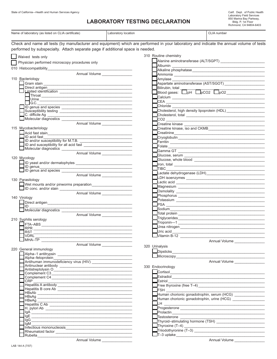 Form LAB144 A Laboratory Testing Declaration - California, Page 1
