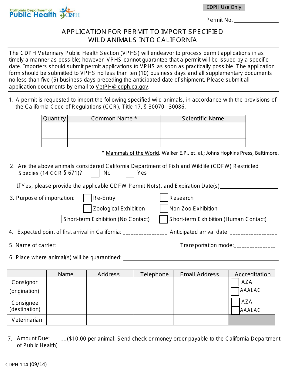 Form CDPH104 Application for Permit to Import Specified Wild Animals Into California - California, Page 1