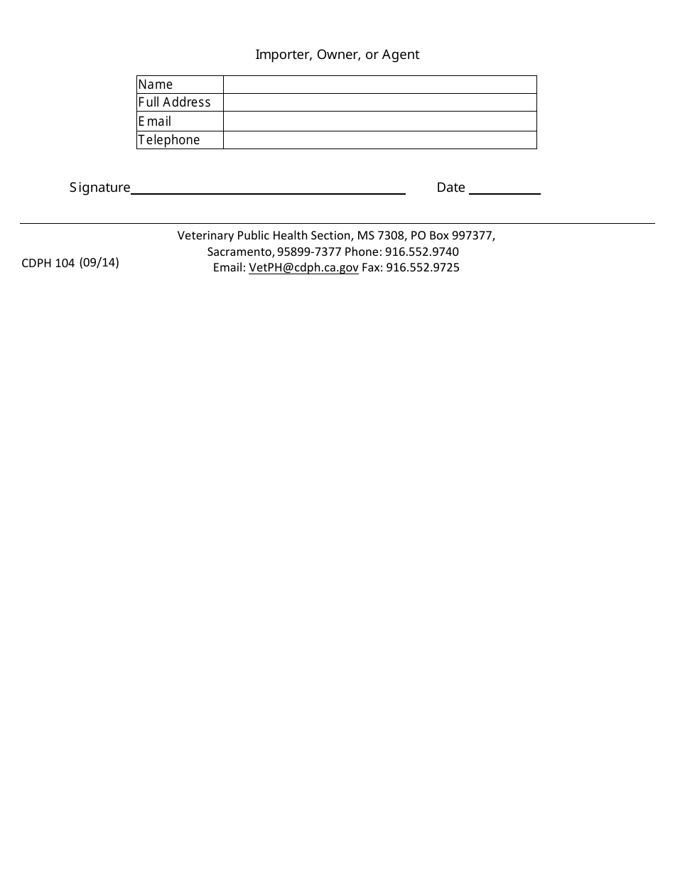 Form CDPH104 Application for Permit to Import Specified Wild Animals Into California - California, Page 2