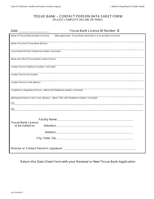 Form LAB184 Tissue Bank - Contact Person Data Sheet Form - California