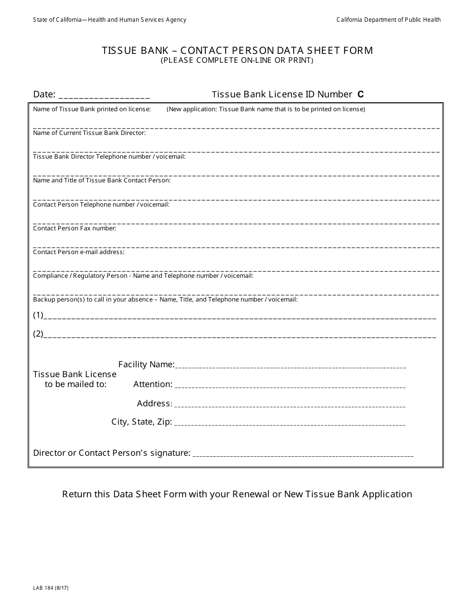 Form LAB184 Tissue Bank - Contact Person Data Sheet Form - California, Page 1