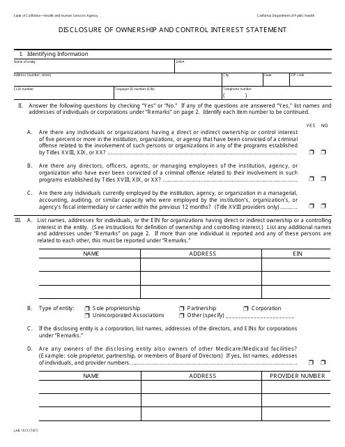 Form LAB1513 Disclosure of Ownership and Control Interest Statement - California