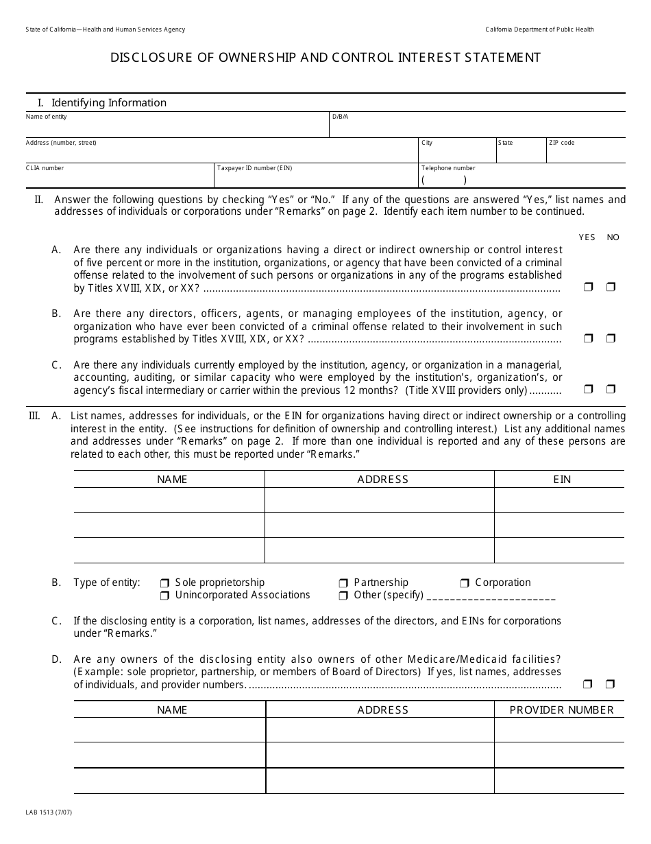 Form LAB1513 Disclosure of Ownership and Control Interest Statement - California, Page 1