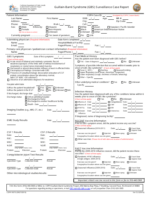 Form CDPH9073 Guillain-Barre Syndrome (Gbs) Surveillance Case Report - California