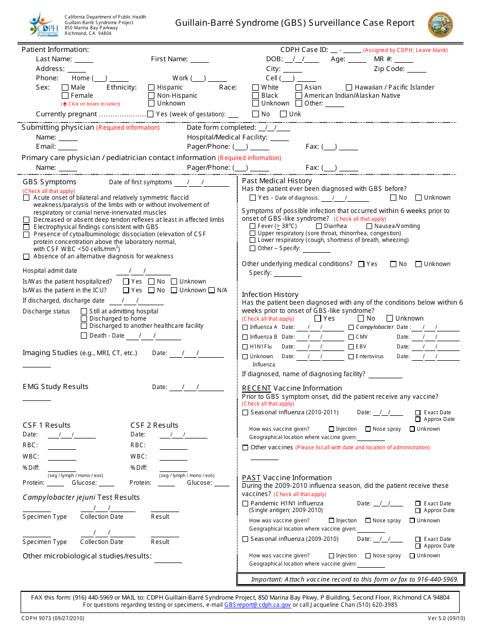 Form Cdph9073 Download Printable Pdf Or Fill Online Guillain Barre Syndrome Gbs Surveillance Case Report California Templateroller