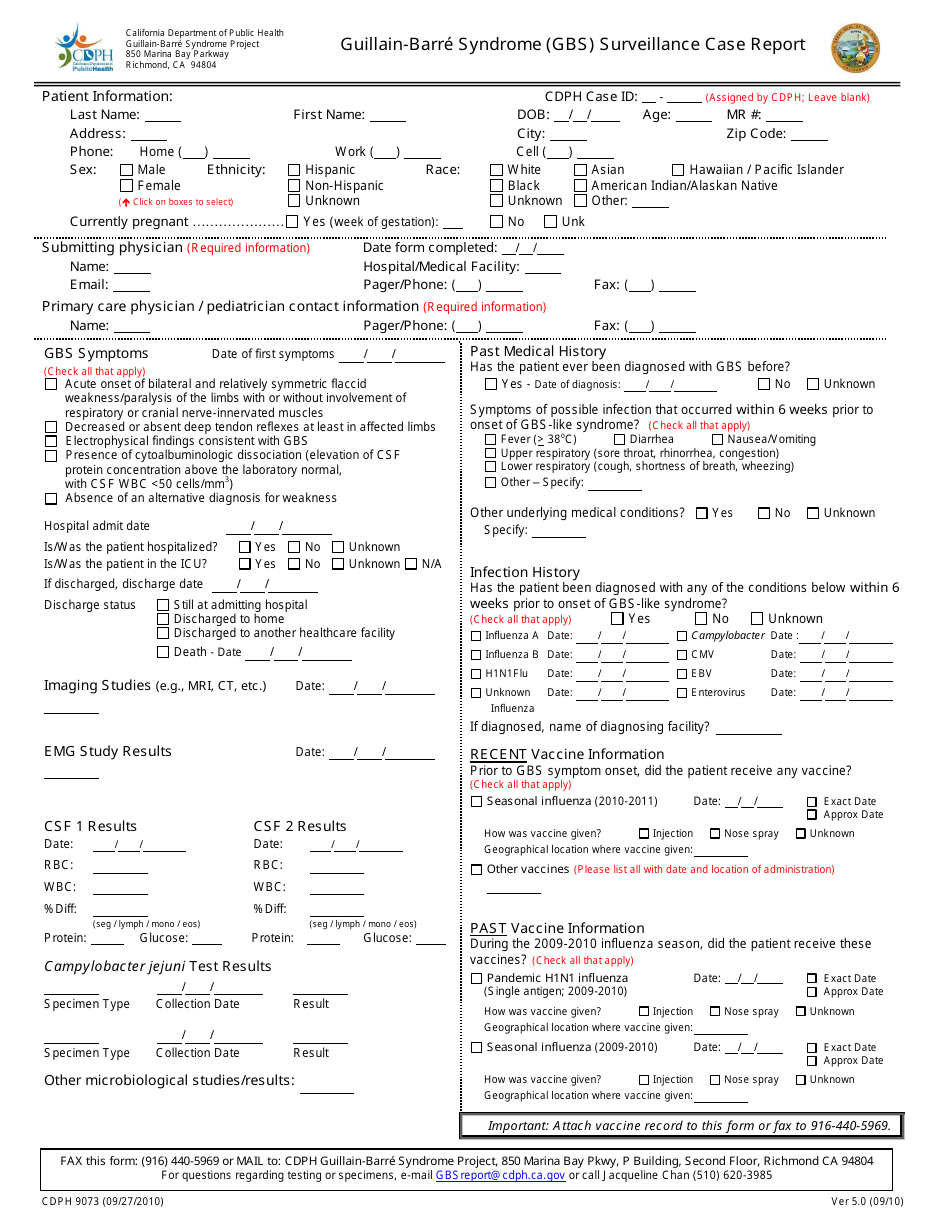 Form CDPH9073 Guillain-Barre Syndrome (Gbs) Surveillance Case Report - California, Page 1