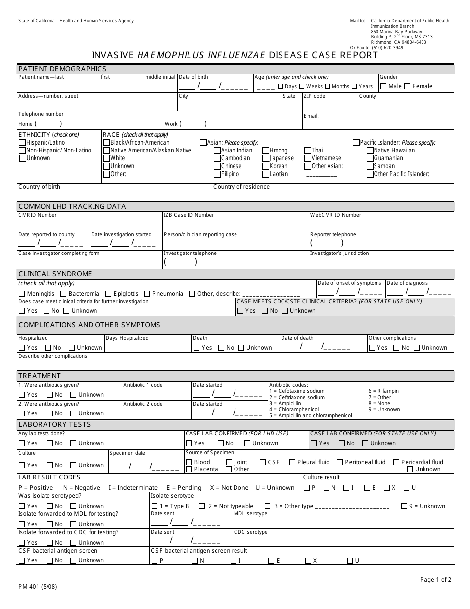 Form PM401 Invasive Haemophilus Influenzae Disease Case Report - California, Page 1