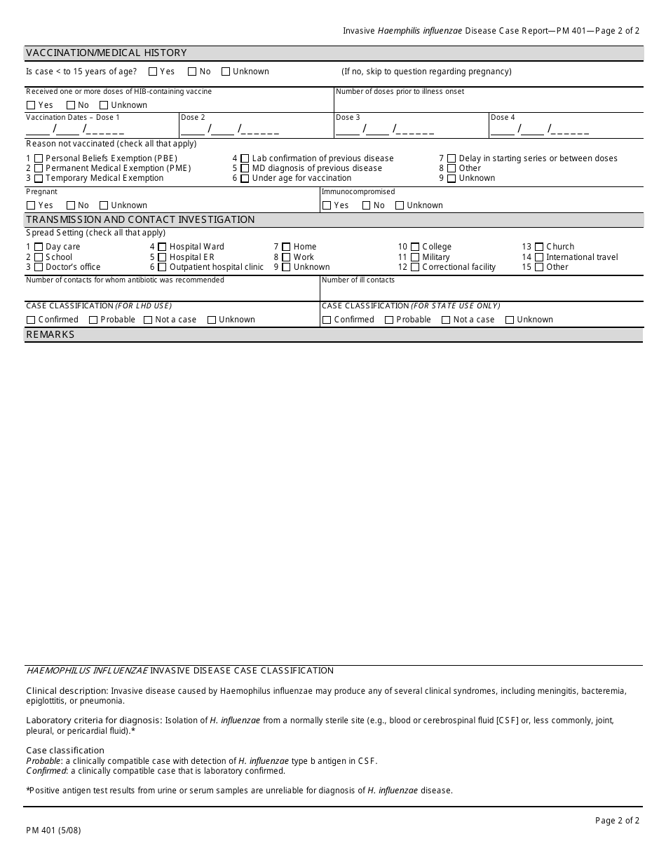 Form PM401 Invasive Haemophilus Influenzae Disease Case Report - California, Page 2