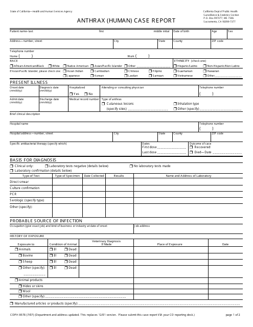 Form CDPH8578 Anthrax (Human) Case Report - California