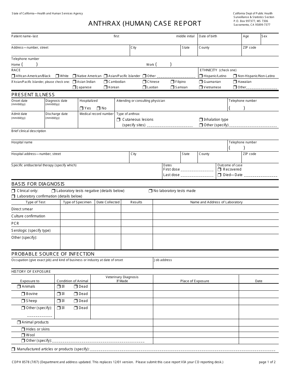 Form CDPH8578 Anthrax (Human) Case Report - California, Page 1