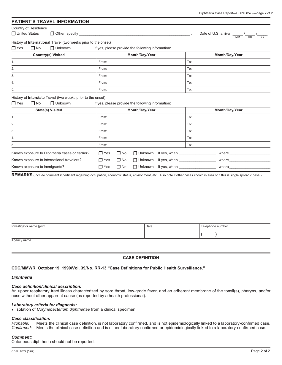 Form CDPH8579 Diphtheria Case Report - California, Page 2