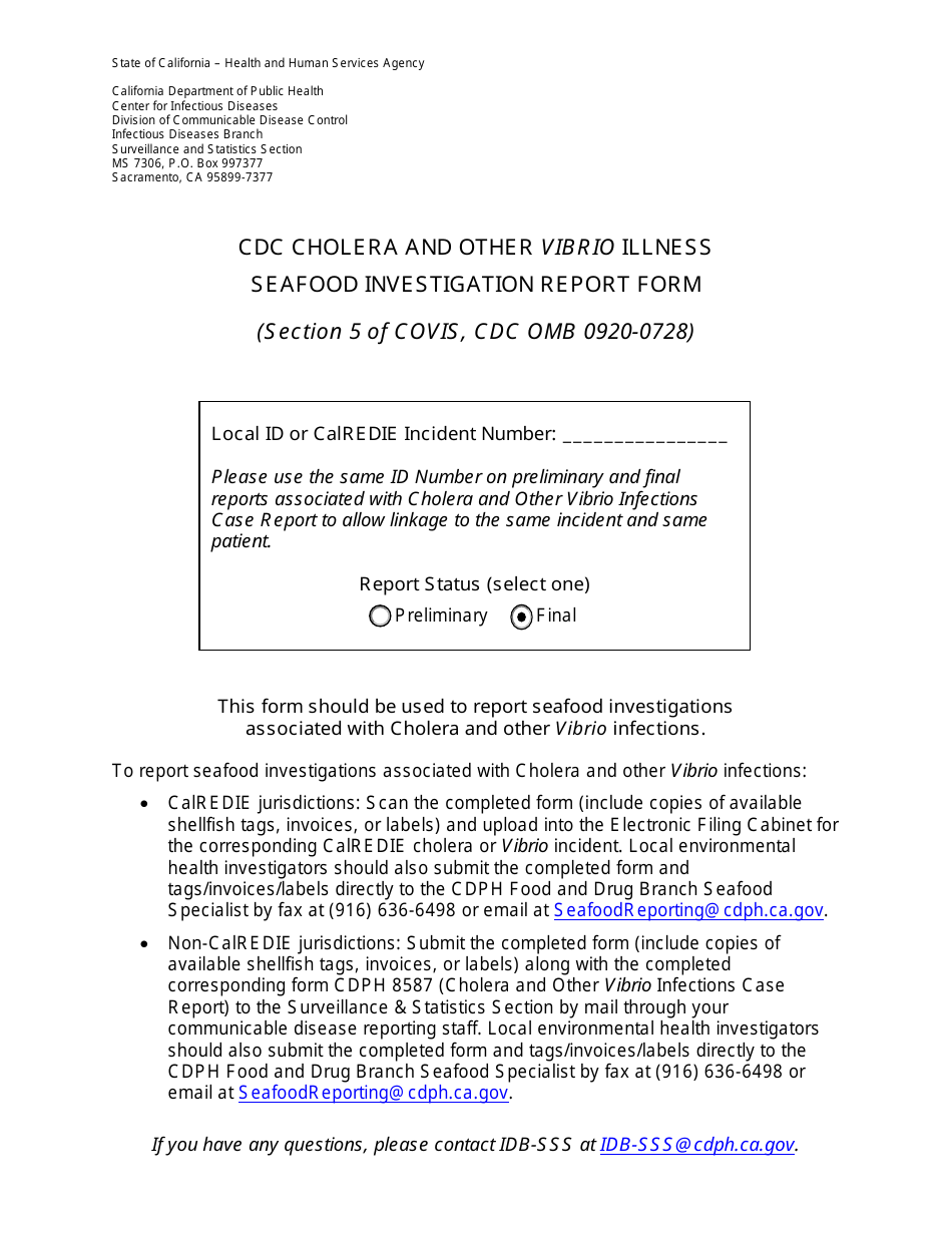 CDC Cholera and Other Vibrio Illness Seafood Investigation Report Form - California, Page 1