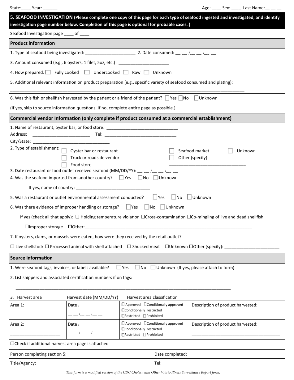 CDC Cholera and Other Vibrio Illness Seafood Investigation Report Form - California, Page 2