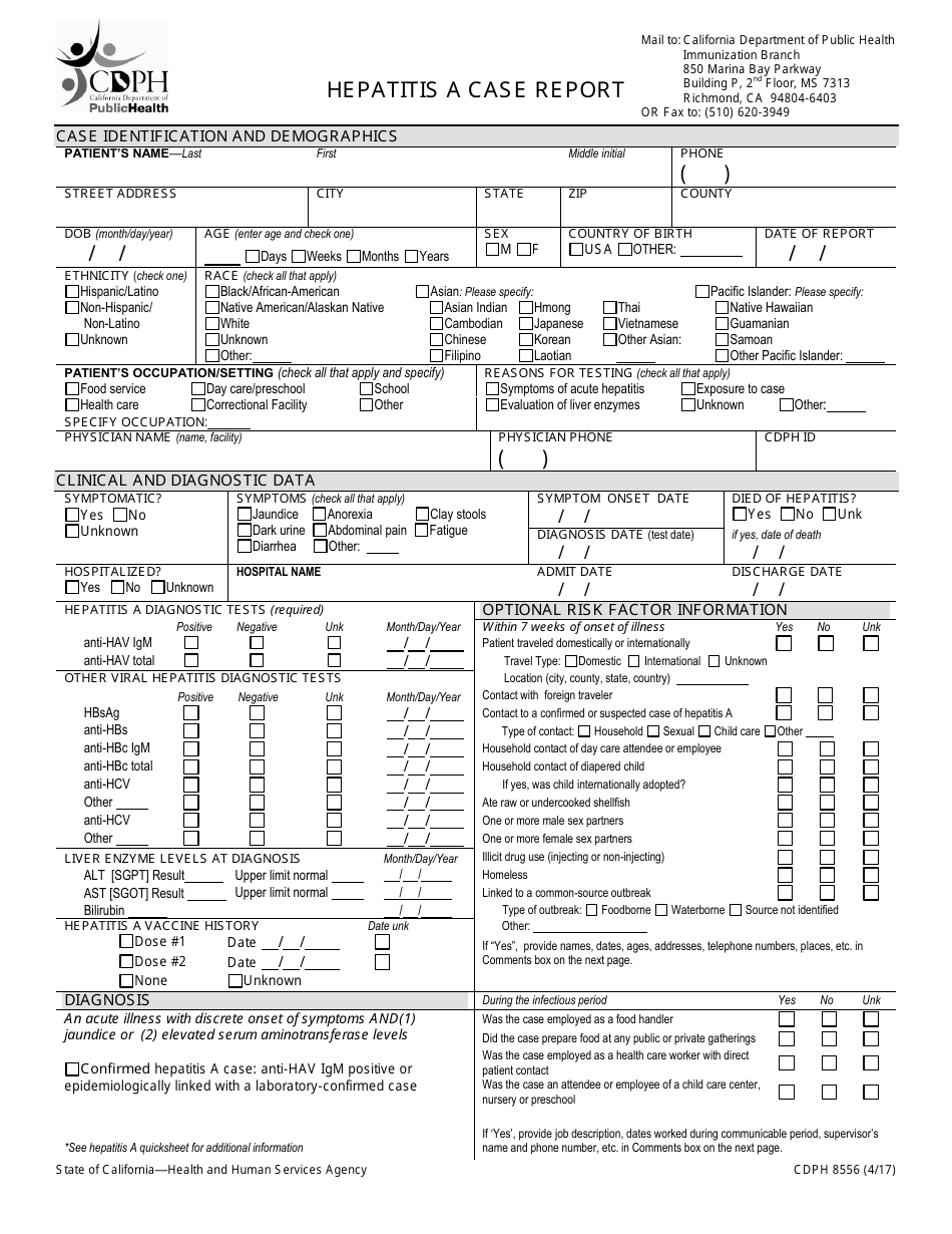 Form CDPH8556 Hepatitis a Case Report - California, Page 1