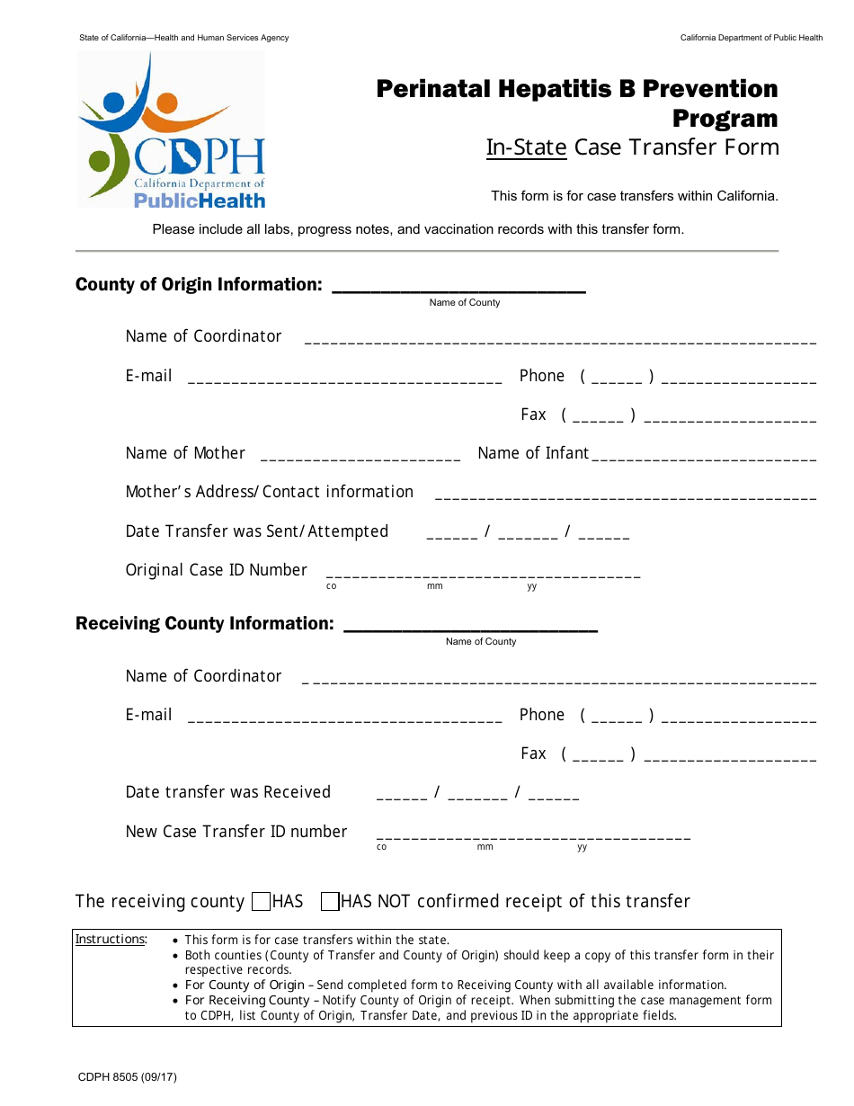 Form CDPH8505 Perinatal Hepatitis B Prevention Program in-State Case Transfer Form - California, Page 1