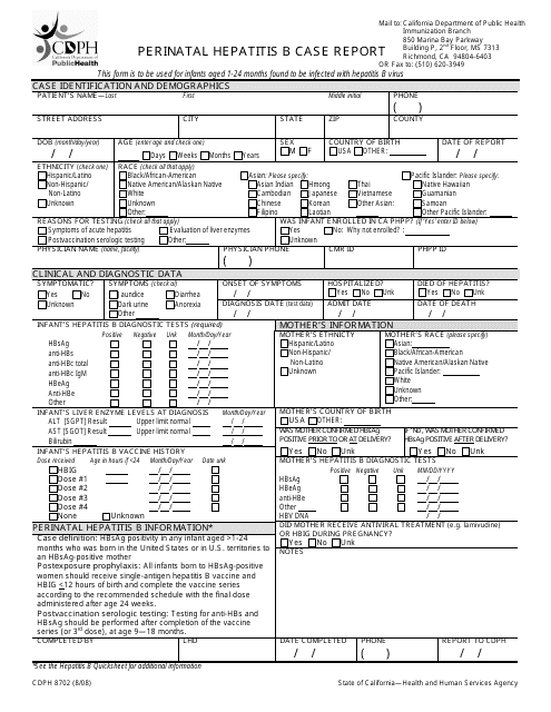 Form CDPH8702 Perinatal Hepatitis B Case Report - California