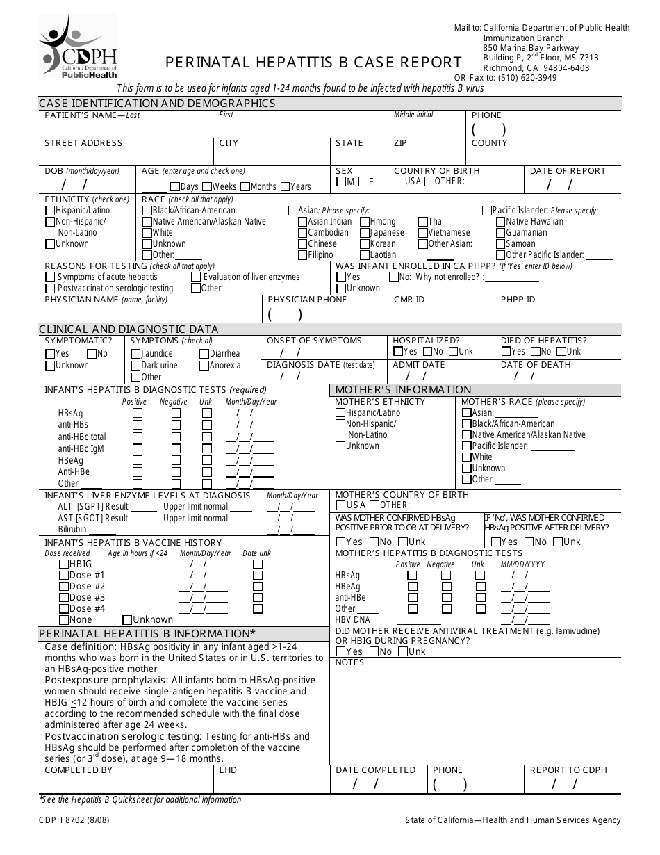 Form CDPH8702 Perinatal Hepatitis B Case Report - California, Page 1