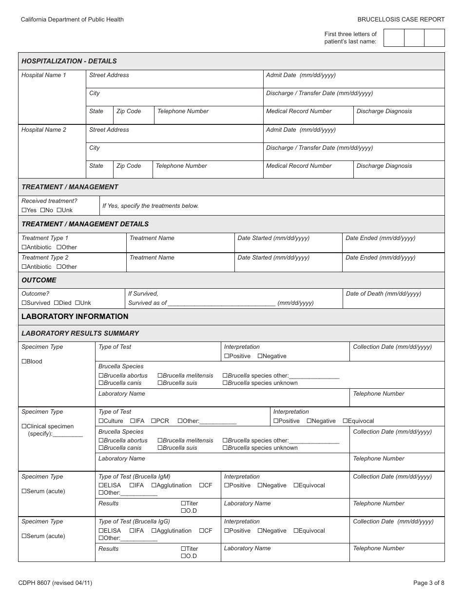Form CDPH8607 Brucellosis Case Report - California, Page 3