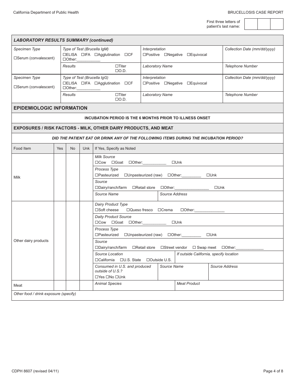 Form CDPH8607 Brucellosis Case Report - California, Page 4