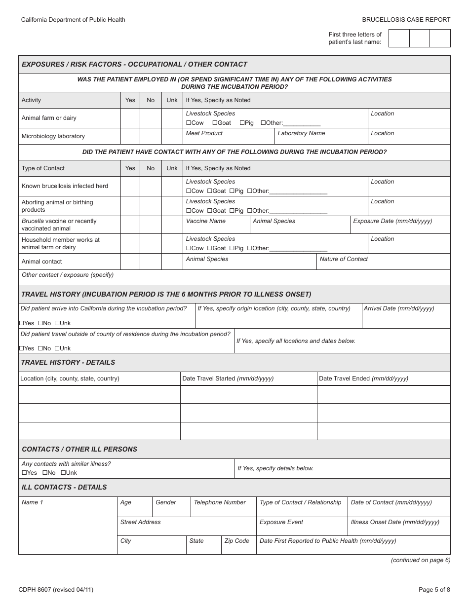 Form CDPH8607 Brucellosis Case Report - California, Page 5