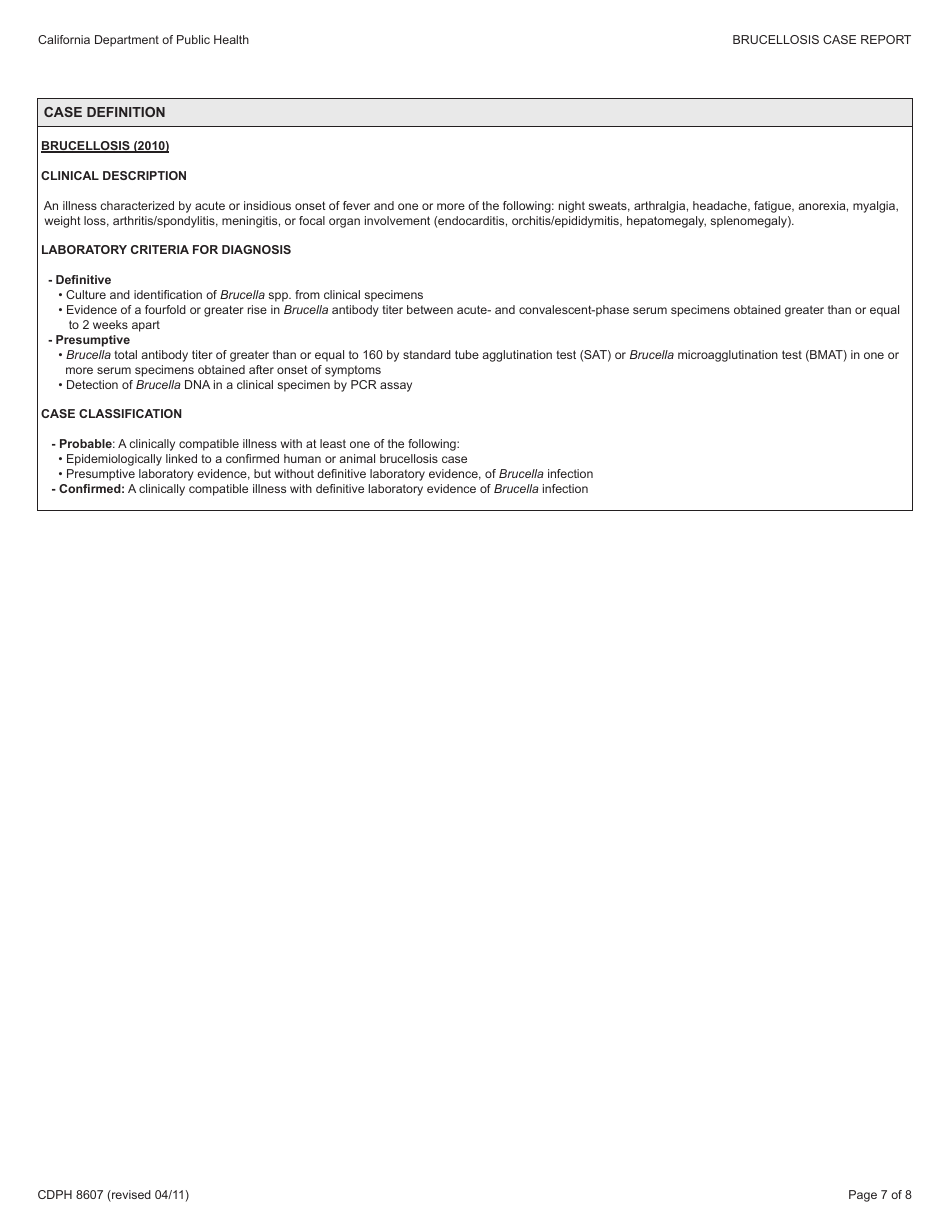 Form CDPH8607 Brucellosis Case Report - California, Page 7